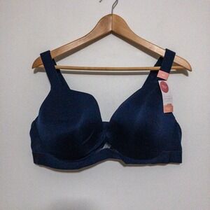 Cacique Lightly Lined Plunge Bra 42D Blue Padded Mesh Recycled Nylon Detail New